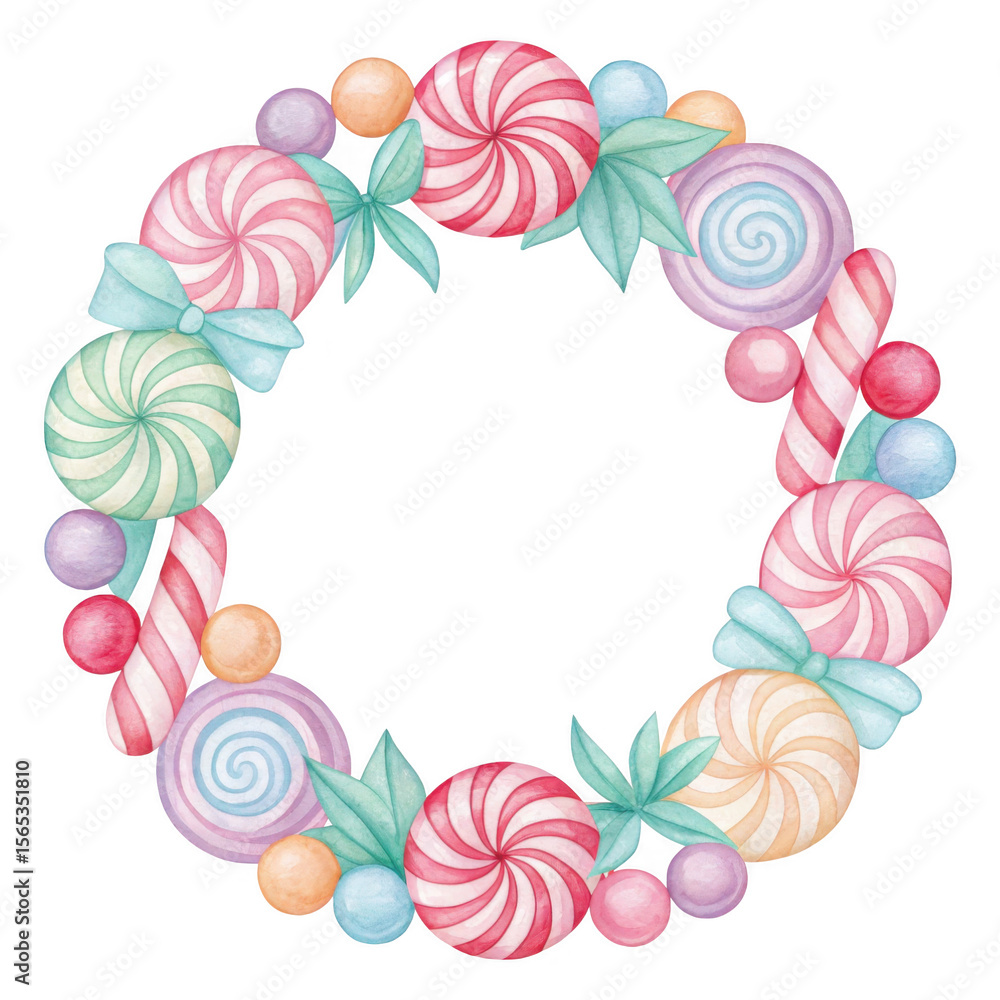 Obraz premium Colorful Hand-Drawn Candy Wreath with Swirls and Bows for Festive Celebrations