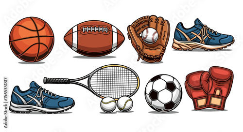 Illustration showcasing various sports equipment including balls, gloves, shoes and a tennis racket set up nicely