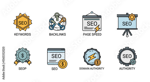 Illustration of seo elements including keywords backlinks page speed and domain authority icons