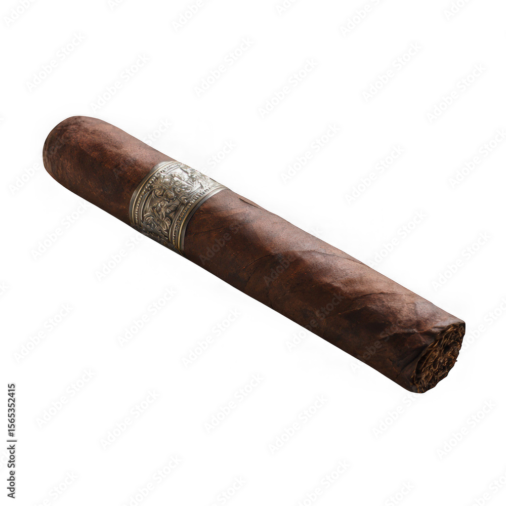 Close up of a brown cigar with a silver band on a white background studio shot Close up of a brown cigar with a silver band on a white background studio shot