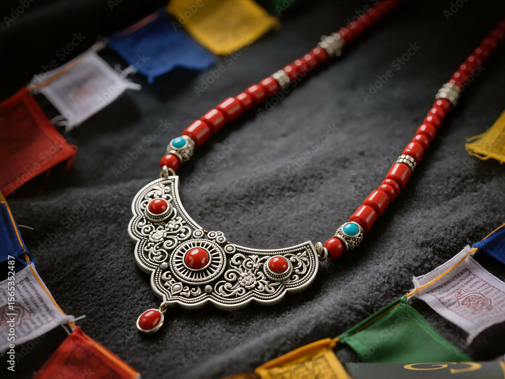 Fototapeta premium A stunning Tibetan-inspired necklace featuring vibrant red coral beads and an elaborate silver pendant, beautifully arranged on a dark textile with prayer flags. 