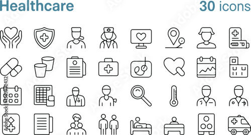 Medical and business management vector icon set with doctor and nurse symbols for web design illustration
