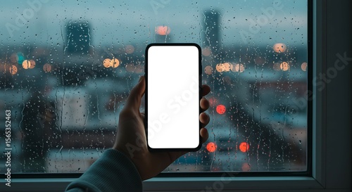 Holding Phone with Blank Screen on Rainy City Day
