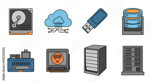 Illustration showcasing various data storage solutions and server infrastructure components neatly arranged