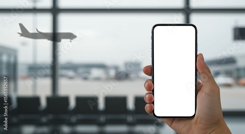 Holding Phone at Airport with Plane Taking Off in Background