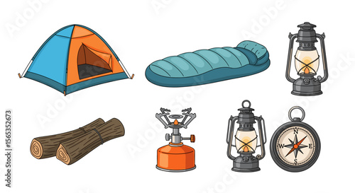 Illustration of camping gear including a tent sleeping bag lanterns wood stove and a compass object set
