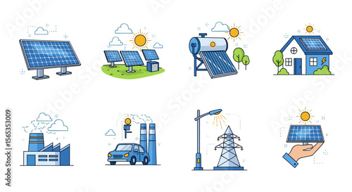 Illustrations depicting renewable energy sources and traditional energy production methods in a set of icons