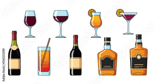 Illustration showing various alcoholic beverages including wine, cocktails and liquor bottles neatly arranged
