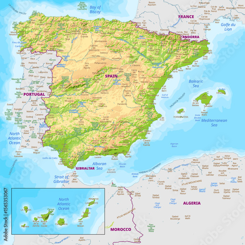 Detailed physical map of Spain