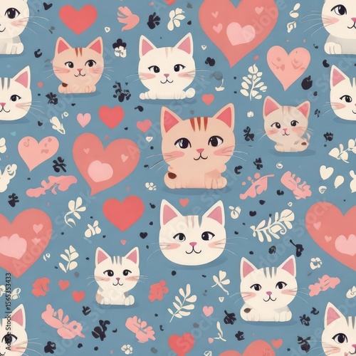 Wallpaper Mural Whimsical pattern of cartoon cats hearts and floral elements on a blue background Torontodigital.ca