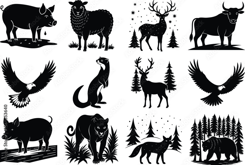 Naklejka premium Vector art of silhouettes of various animals isolated on transparent background