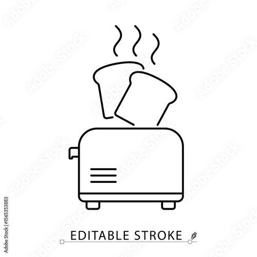 A toaster with bread icon in minimalist style with editable stroke. Kitchen appliance, breakfast item, hot toast, electric device, food preparation, outline object, vector line illustration.