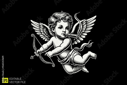 cupid holding cigar  illustration dark art scary creepy style tattoo vector black and white background templates