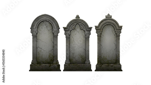 set of three stone tombstone isolated on transparent background grave
