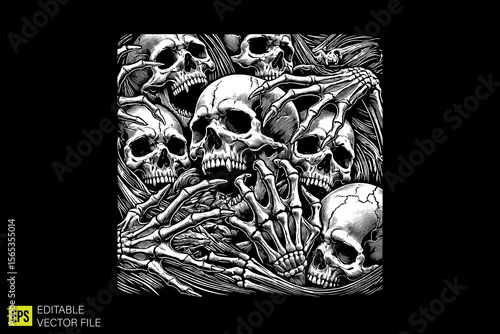 human skull with many hand in face  illustration dark art scary creepy style tattoo vector black and white background templates