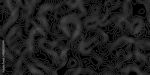 abstract topographic map with white contour lines and black background depicting abstract terrain and elevation patterns.