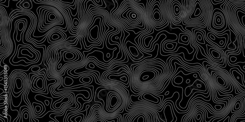 abstract topographic map with white contour lines and black background depicting abstract terrain and elevation patterns.