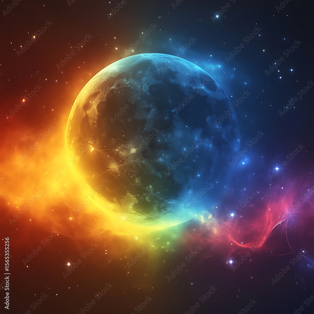 Fototapeta premium Vibrant celestial orb bathed in colorful nebulae