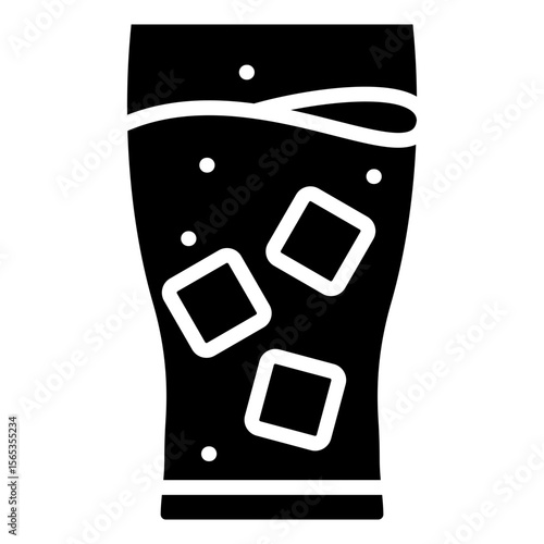 Sparkling Drink Glyph Silhouette Black Icon Vector Design - Fizzy drink in a tall glass with ice cubes, representing soda or carbonated beverages