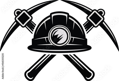 A graphic illustration of a miner's helmet with a light and crossed pickaxes on a light background