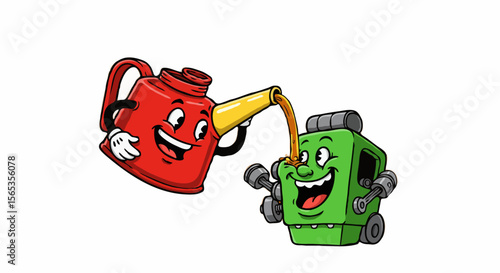Cheerful cartoon red gas can happily feeding a green engine on a white background with spaces for text.