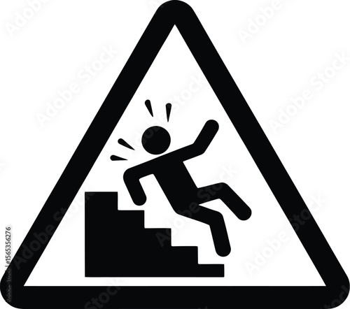 A warning sign depicting a person falling down stairs inside a black triangle on a yellow background