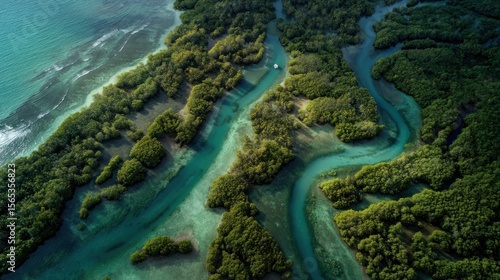 Aerial view of a river delta flowing through a lush green forest.