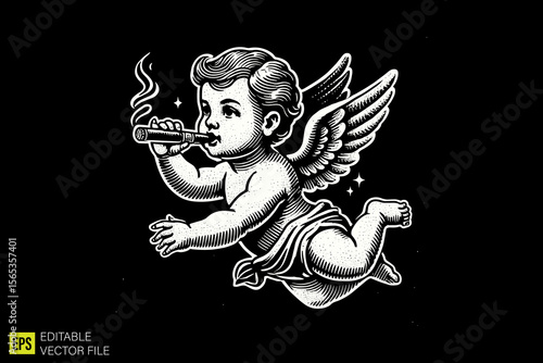 cupid holding cigar  illustration dark art scary creepy style tattoo vector black and white background templates