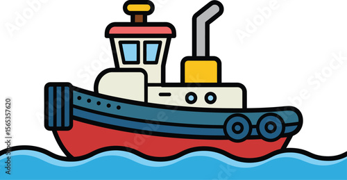 A cartoon tugboat with red hull and blue accents sailing on blue water with a white background view image