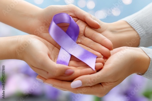 Hands Holding Lavender Cancer Awareness Ribbon – Unity and Healing Symbol


