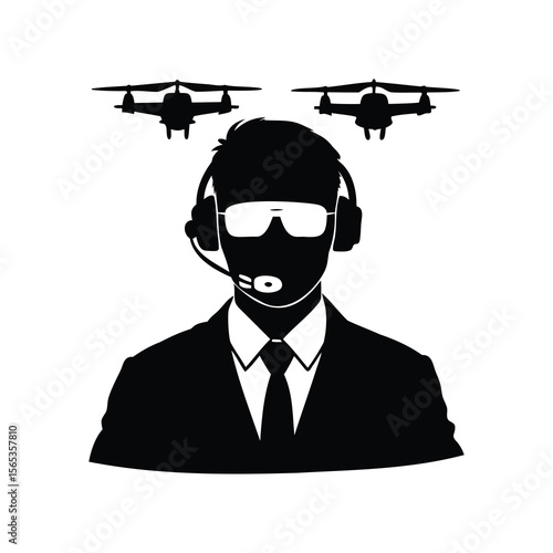 Silhouette of Drone Operator with Two Drones in Formation Above Head