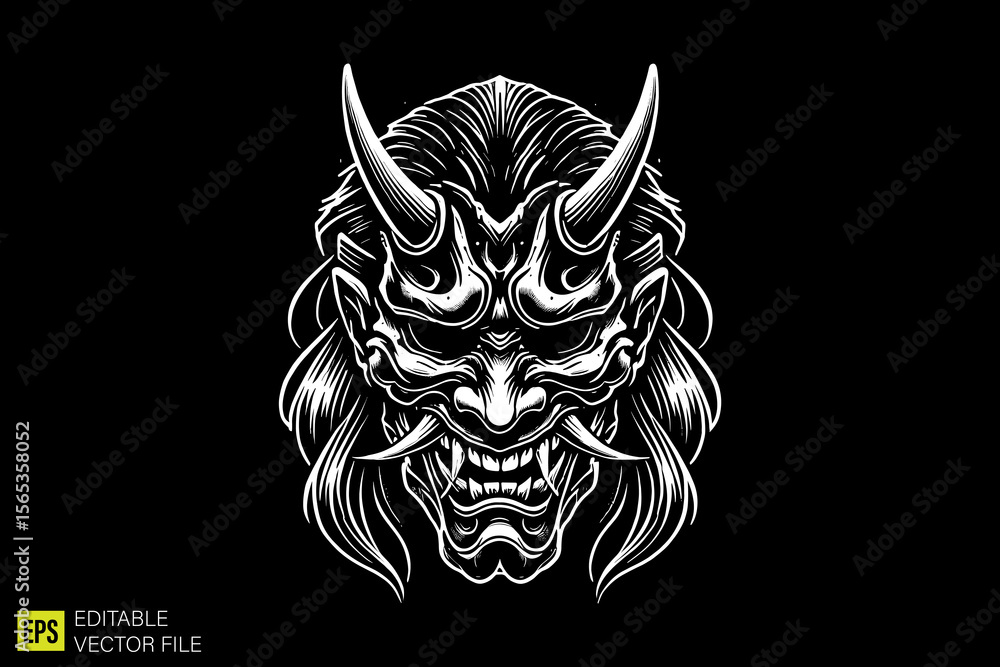 Fototapeta premium oni mask head illustration dark art scary creepy style tattoo vector black and white background templates