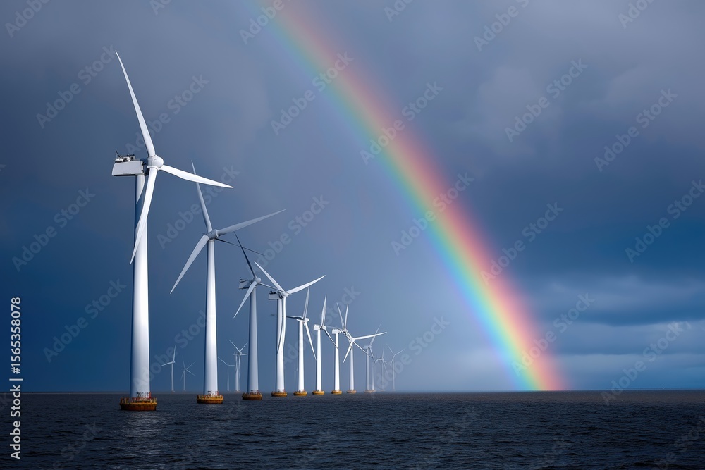 Fototapeta premium A rainbow is seen in the sky above a large group of wind turbines. The turbines are spread out across the water, with some of them being taller than others. Concept of power and energy