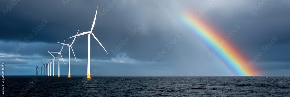 Fototapeta premium A rainbow is seen in front of a row of wind turbines. The scene is serene and peaceful, with the rainbow adding a touch of magic to the otherwise industrial landscape