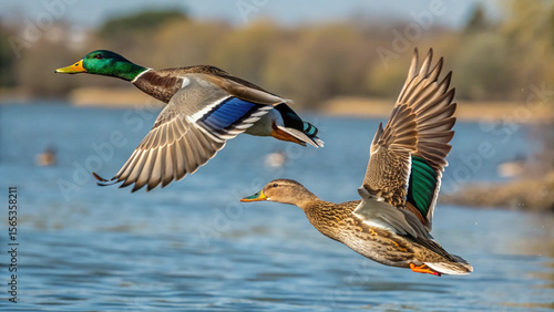 Two Mallard Ducks in Flight Over Calm Water; Vibrant Colors, Sunny Day, Wildlife Photography