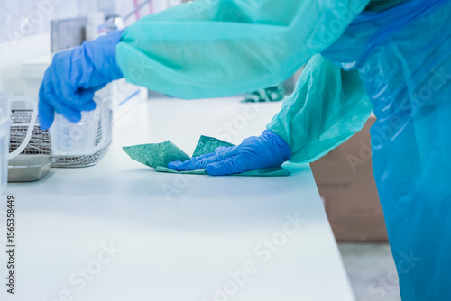 A close-up view of a healthcare professional in protective medical scrubs and blue sterile gloves meticulously cleaning a pristine white laboratory counter with a green cloth, prioritizing hygiene