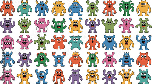 An array of cartoon monsters with different colors and shapes on a white background in a pattern layout