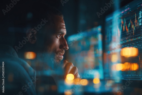 Man looking at multiple computer screens displaying data and graphs in dark room.