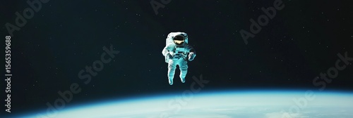 Astronaut performing extravehicular activity, floating in the vast expanse of space with the earth's horizon and the universe filled with stars creating a breathtaking backdrop
