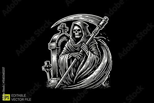 grim reaper  illustration dark art scary creepy style tattoo vector black and white background templates