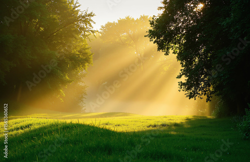 Sunlit green field with morning fog and dewy grass