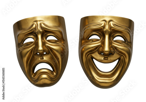 Wallpaper Mural Two antique golden theatrical masks, comedy and tragedy, with joyful and sorrowful expressions, reflective, intricately detailed, against clean brilliant white studio background with copy space, Torontodigital.ca