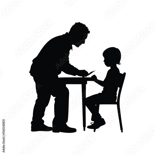 Silhouette illustration of a father helping child with schoolwork at desk