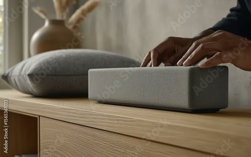 Detailed close-up of a person's hands interacting with a modern soundbar speaker, set against a neutral interior backdrop.