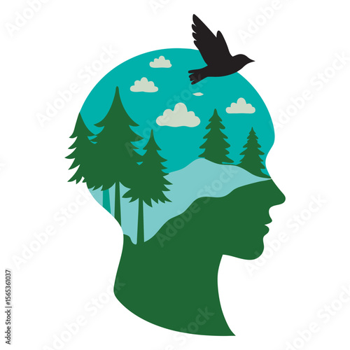 Forest Landscape Inside Human Double Exposure Illustration