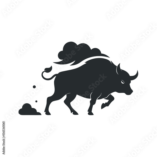 Charging Buffalo With Flying Dust Silhouette
