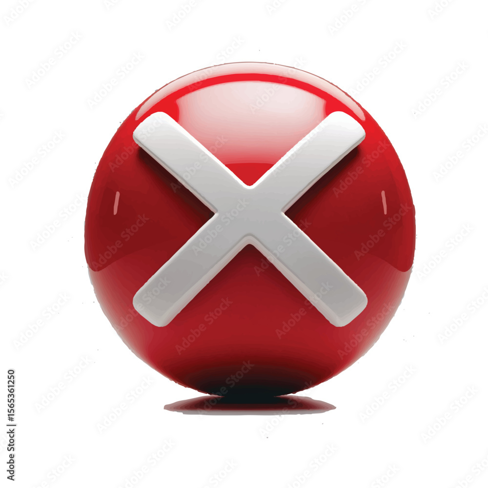 Fototapeta premium Glossy red sphere with a white x mark symbol isolated on a white background