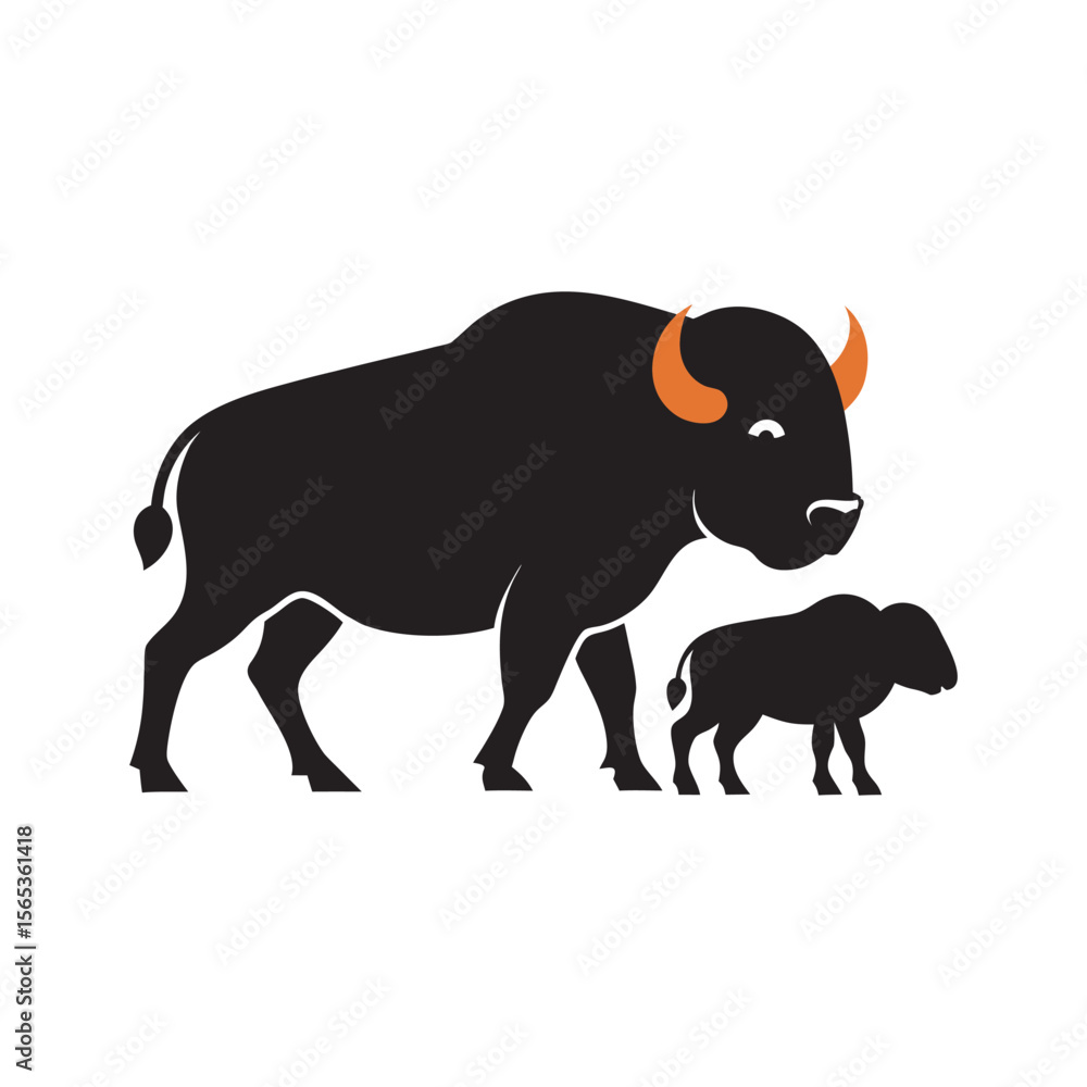 Obraz premium Buffalo And Calf Walking Together Illustration