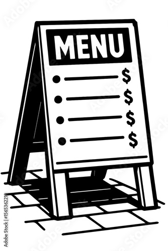 Black and White Outline Vector Illustration of a Restaurant Menu Sandwich Board Sign with Prices - Ideal for Cafes and Eateries