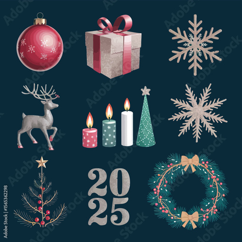 vector Happy New Year Celebrating 2025 in Latin letters , Christmas Decoration Items Santa Claus